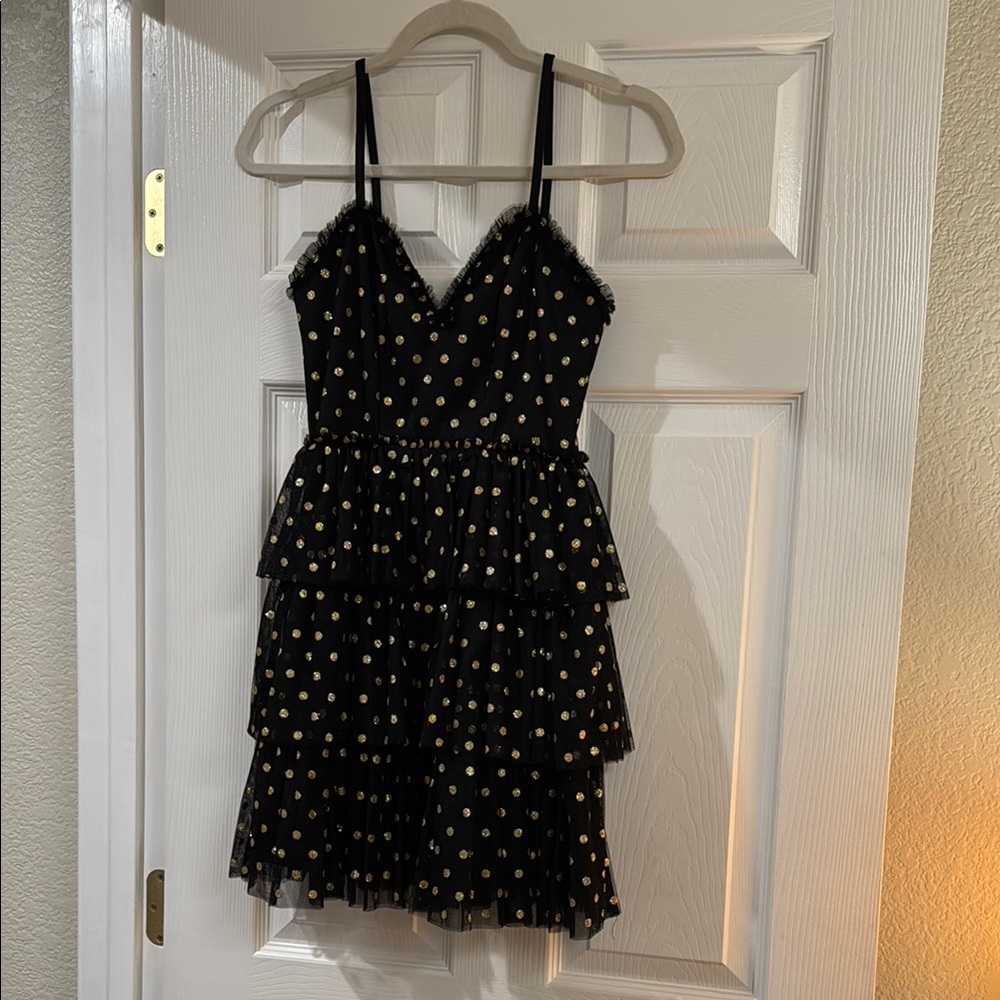 Black and Gold Polka Dot Tiered Dress